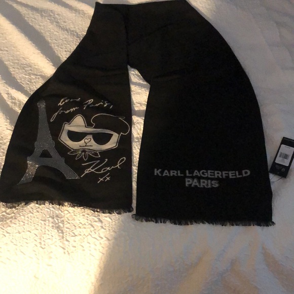 Karl Lagerfeld Black & Gray Rectangular Scarf Studded Eiffel Tower & Choupette - Picture 9 of 16